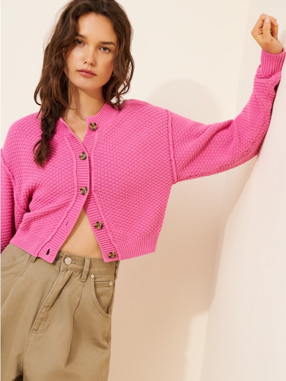 FREE PEOPLE Lila Cardigan Pink Cropped Button-Front Knit Sweater size Small
